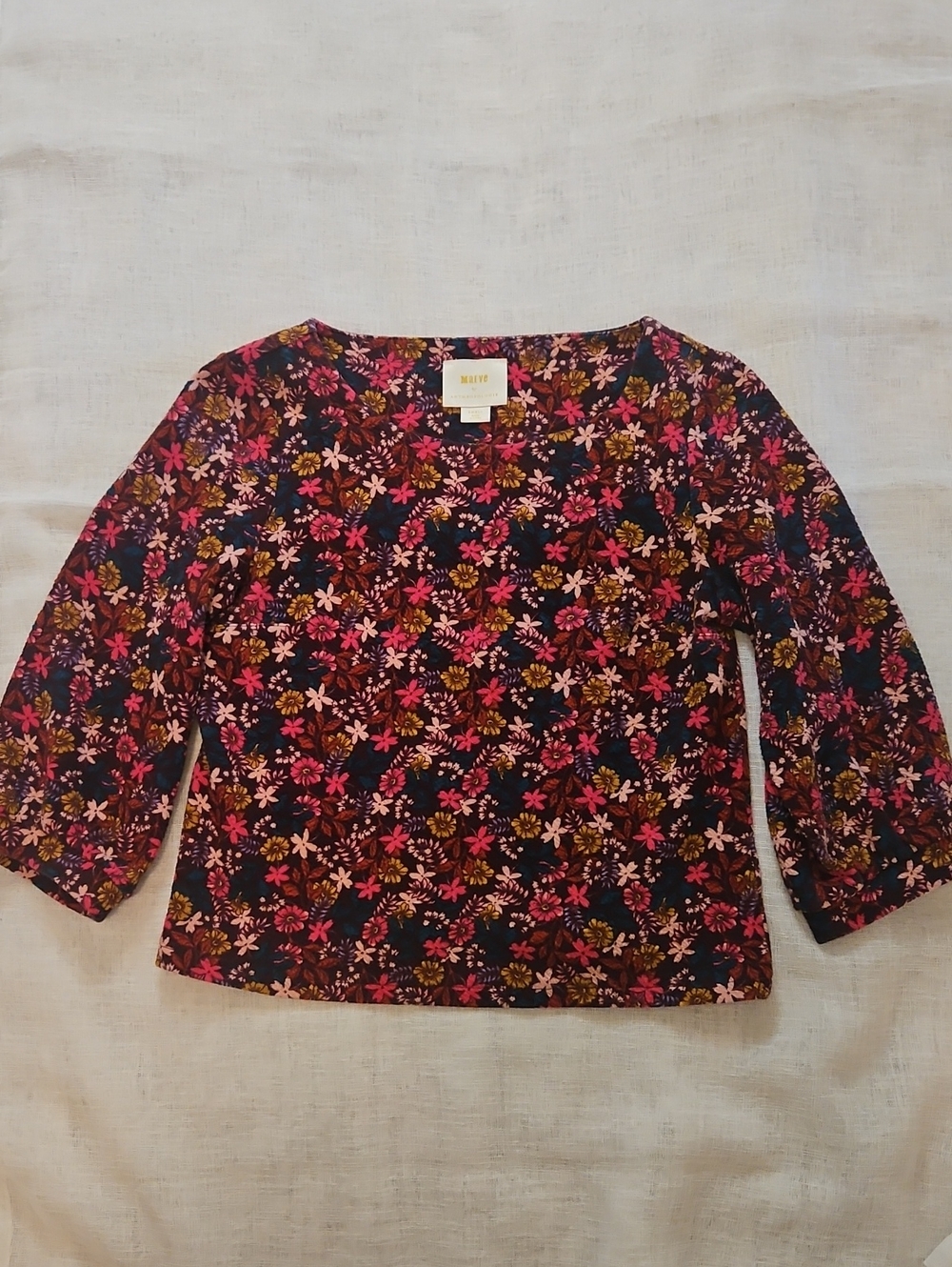 Maeve Dark Floral 3/4 Sleeve Blouse in Navy with Pink & Mustard